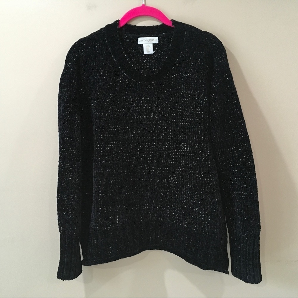 Cynthia Rowley Sweater top Knit Soft Medium Black Metallic Long Sleeve Crew neck